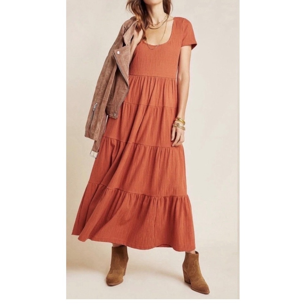 Maeve Anthropologie Terracotta Orange Tiered Maxi Dress Short Sleeve XSP Petite